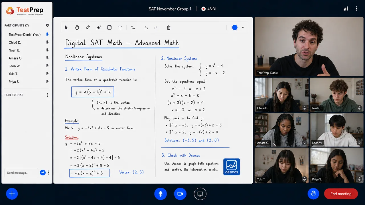 From a TestPrep SAT group lesson — Advanced Math: completing the square to vertex form and solving a parabola-and-line system, checked in Desmos