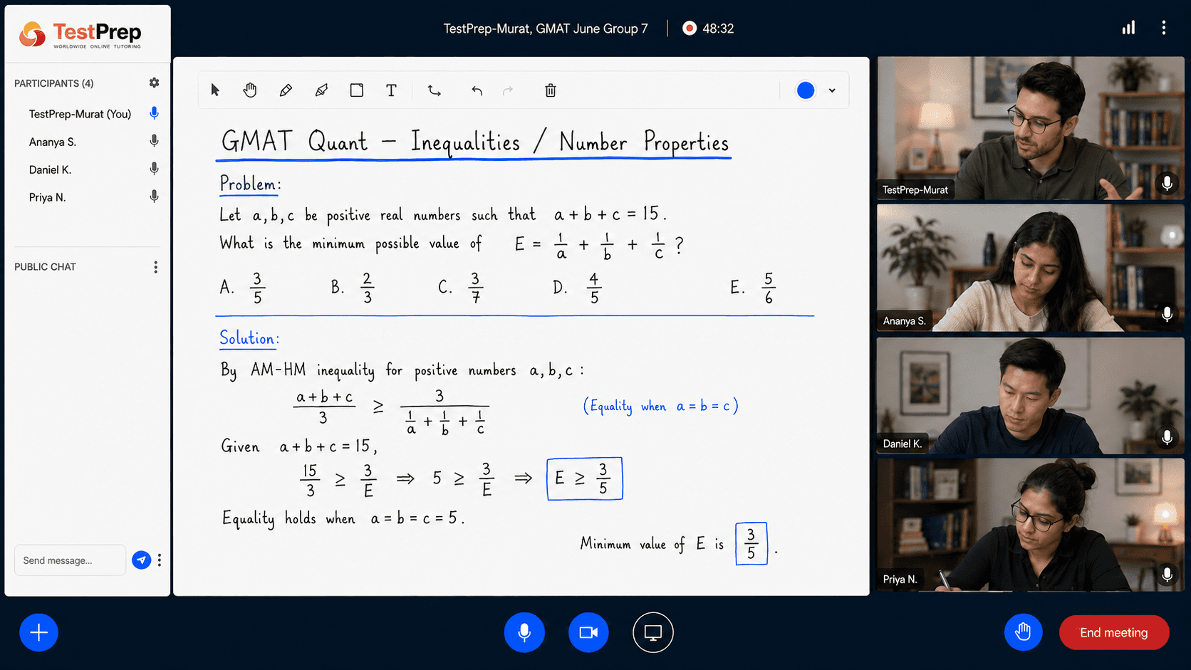 Whiteboard in a GMAT Quant group lesson, solving an inequalities and number-properties question with the AM-HM inequality