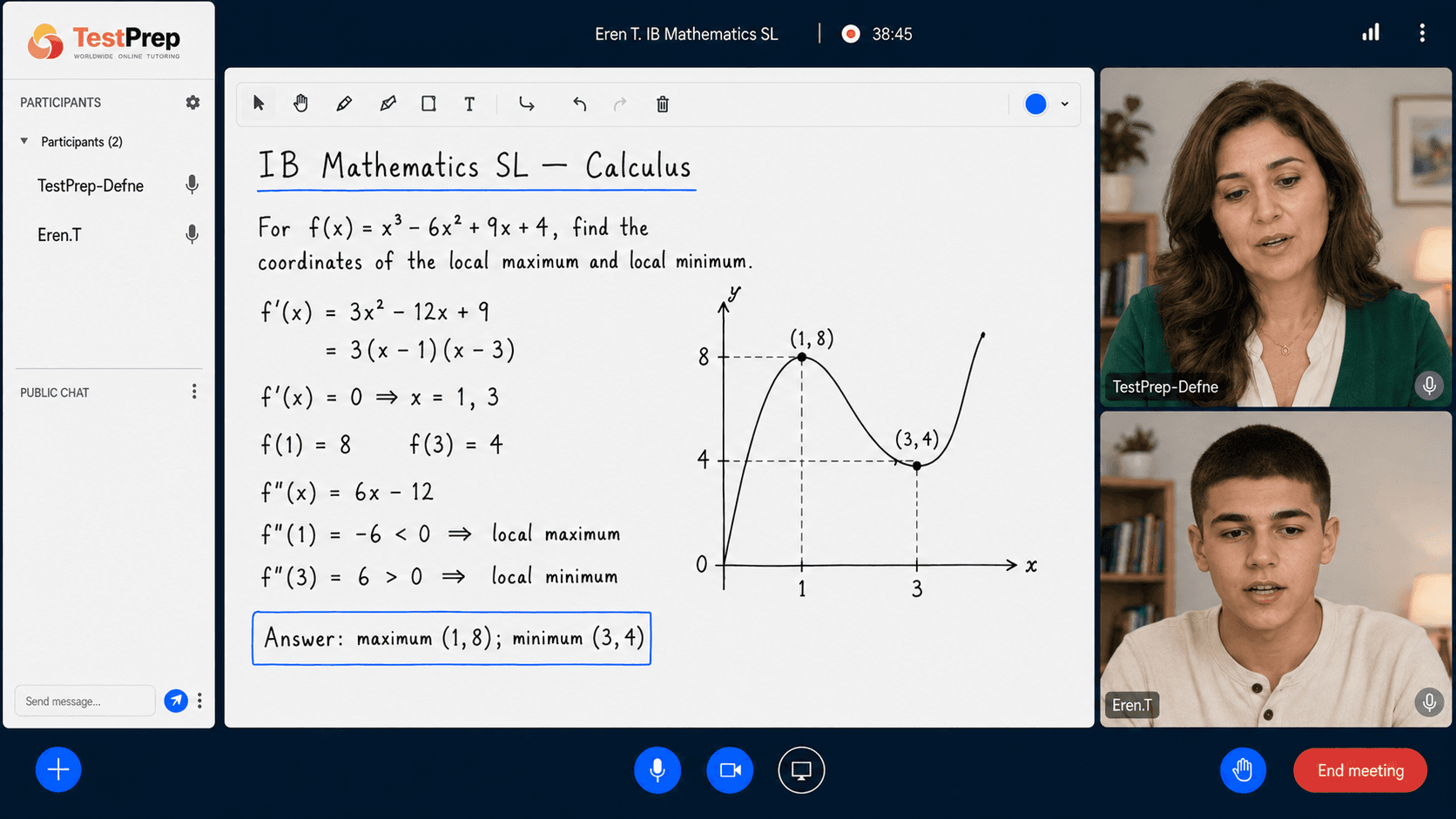 Whiteboard in an IB Mathematics SL lesson, finding a local maximum and minimum step by step with the derivative