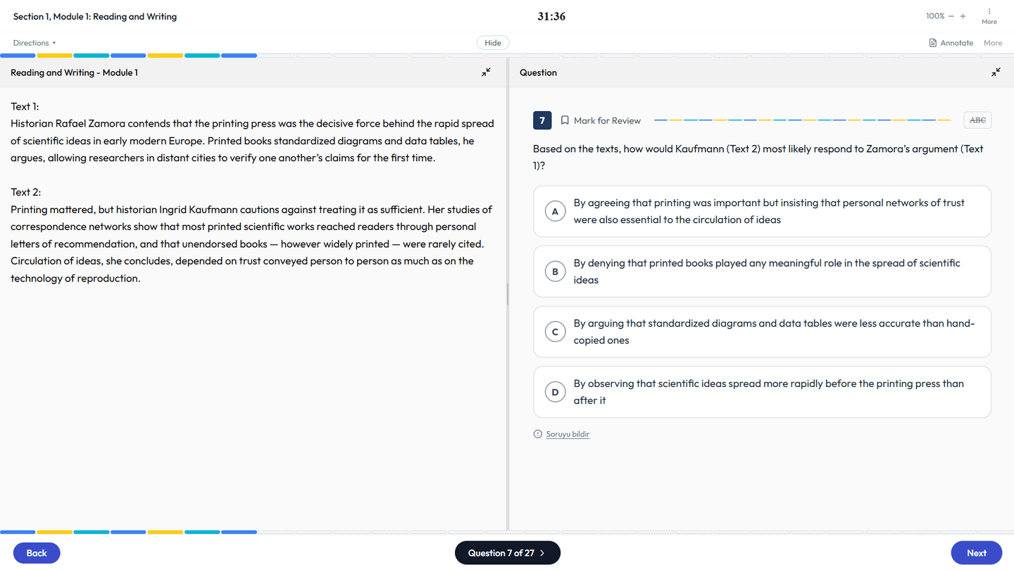 TestPrep SAT simulator: a Reading and Writing cross-text question, with the annotate and answer-eliminator tools